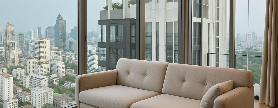 Interior view of a modern Bangkok condo unit with floor-to-ceiling windows offering a panoramic view of the city skyline, reflecting the abundant supply of high-rise residential properties in the capital.