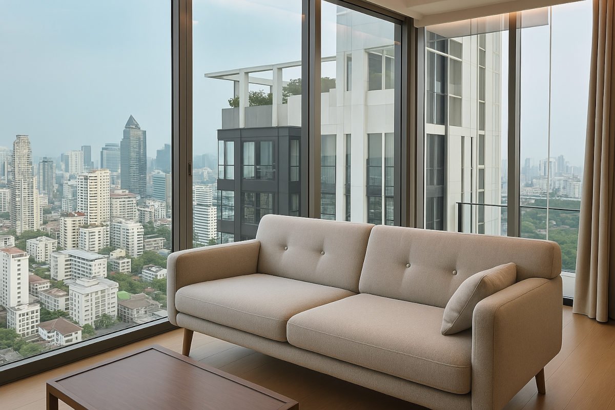 Interior view of a modern Bangkok condo unit with floor-to-ceiling windows offering a panoramic view of the city skyline, reflecting the abundant supply of high-rise residential properties in the capital.