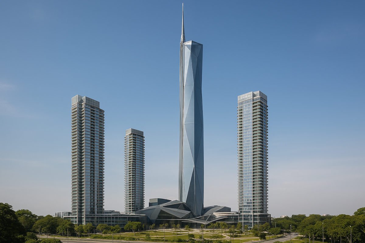 View of the Merdeka 118 complex featuring Oakwood Premier Kuala Lumpur, Merdeka Residences West Tower, and East Tower.