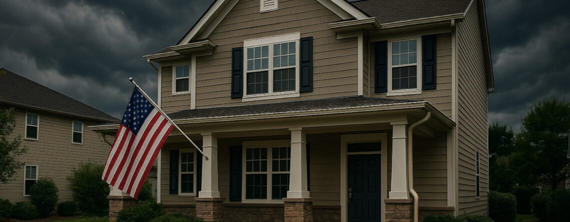 A middle-class American home representing the U.S. housing market at risk, as new tariffs drive up construction costs and fuel recession fears for buyers and sellers.