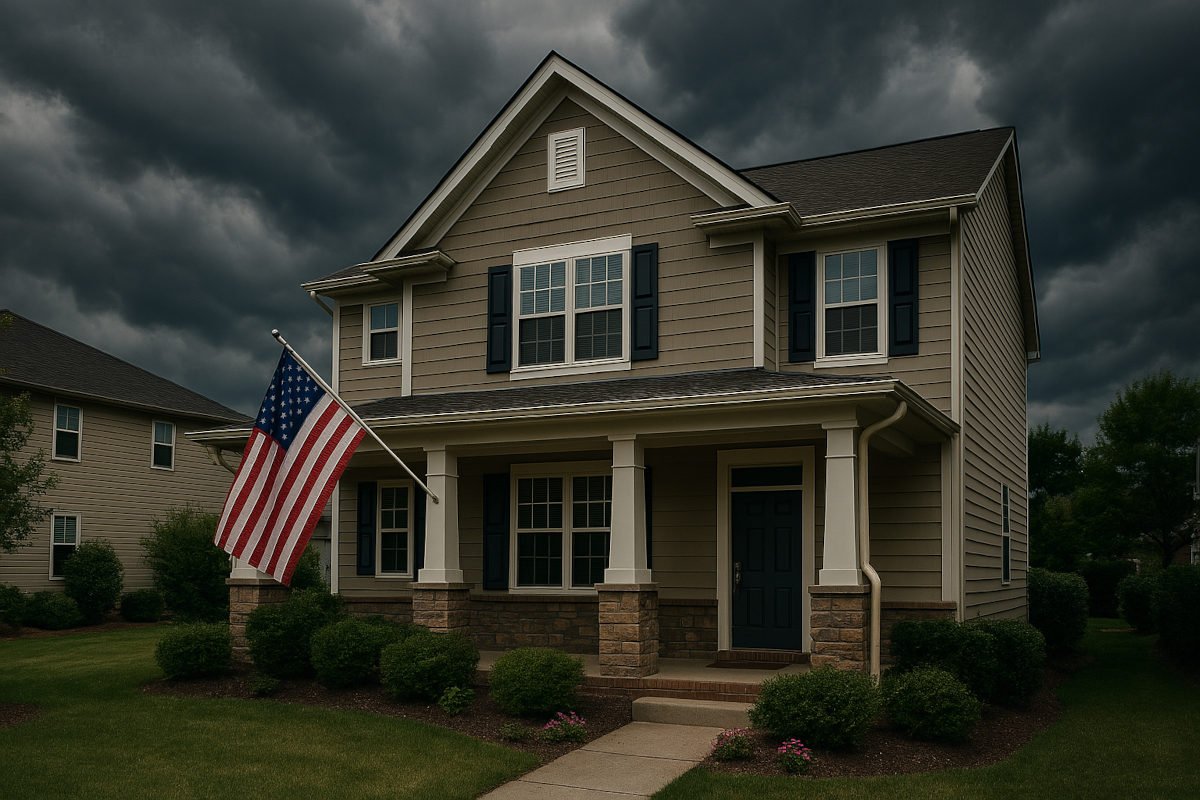 A middle-class American home representing the U.S. housing market at risk, as new tariffs drive up construction costs and fuel recession fears for buyers and sellers.