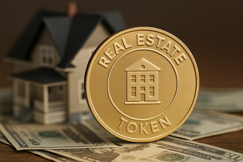 Visual representation of real estate tokenization, combining property and digital elements to suggest blockchain-based ownership and investment.