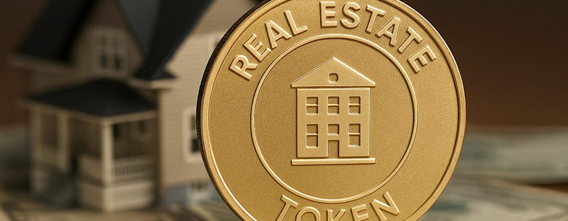 Visual representation of real estate tokenization, combining property and digital elements to suggest blockchain-based ownership and investment.