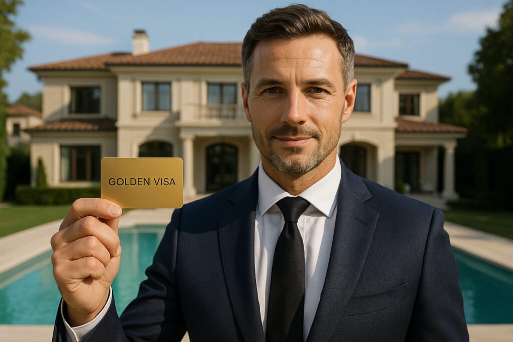 A High Net Worth Individual holding a golden visa document, dressed in a tailored suit, standing confidently in a modern, upscale environment—symbolizing global mobility and elite residency privileges.