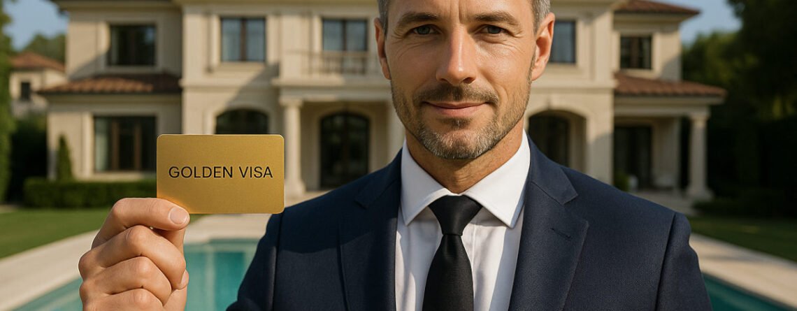 A High Net Worth Individual holding a golden visa document, dressed in a tailored suit, standing confidently in a modern, upscale environment—symbolizing global mobility and elite residency privileges.