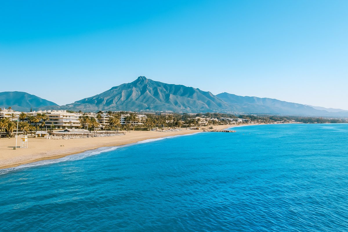Coastal view of Costa del Sol, Spain with golden sandy beaches and blue Mediterranean Sea.