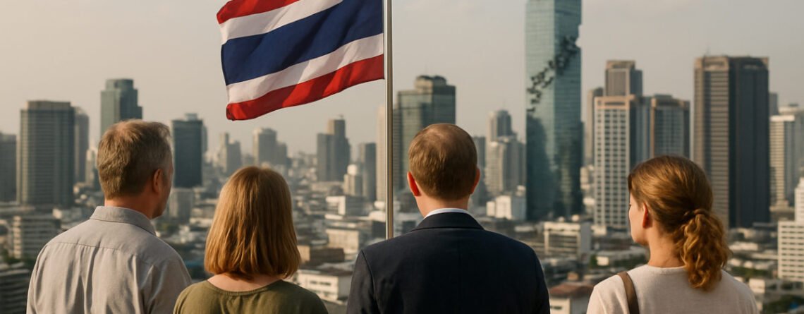 Group of expats on a Bangkok rooftop at sunset, overlooking the skyline—capturing why many choose Thailand: affordable, high-quality living, vibrant culture, friendly people, world-class healthcare, tropical climate, and easy regional travel.