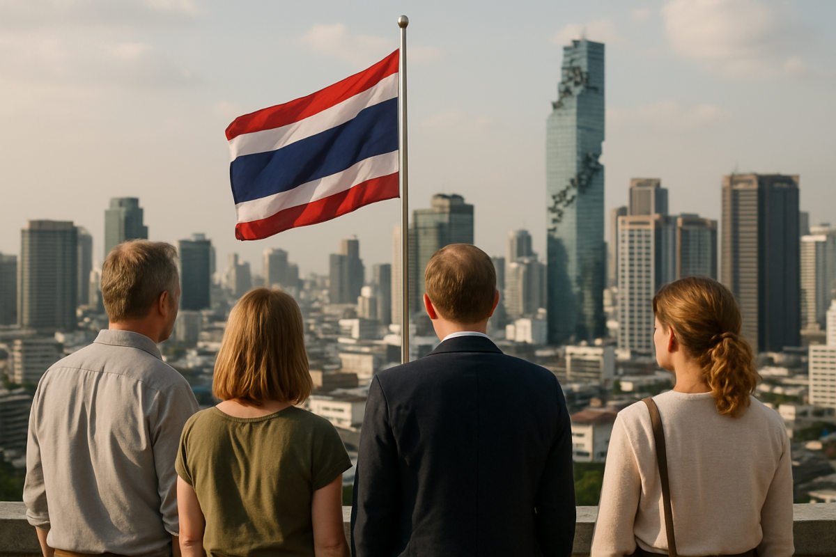 Group of expats on a Bangkok rooftop at sunset, overlooking the skyline—capturing why many choose Thailand: affordable, high-quality living, vibrant culture, friendly people, world-class healthcare, tropical climate, and easy regional travel.