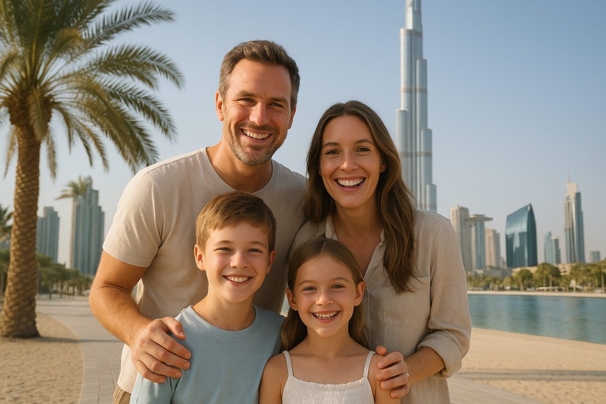 Digital nomad family enjoying modern lifestyle in Dubai with city skyline and Burj Khalifa in background