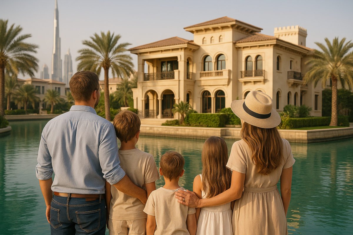 Western family viewing a luxury villa in Dubai, planning relocation for its favorable business climate, safety, and long-term visa programs