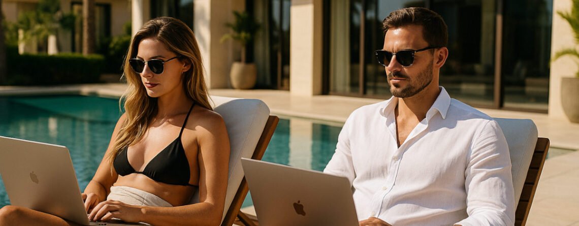 Wealthy digital nomad couple working on laptops by the pool of a luxury villa, combining remote work with an upscale lifestyle