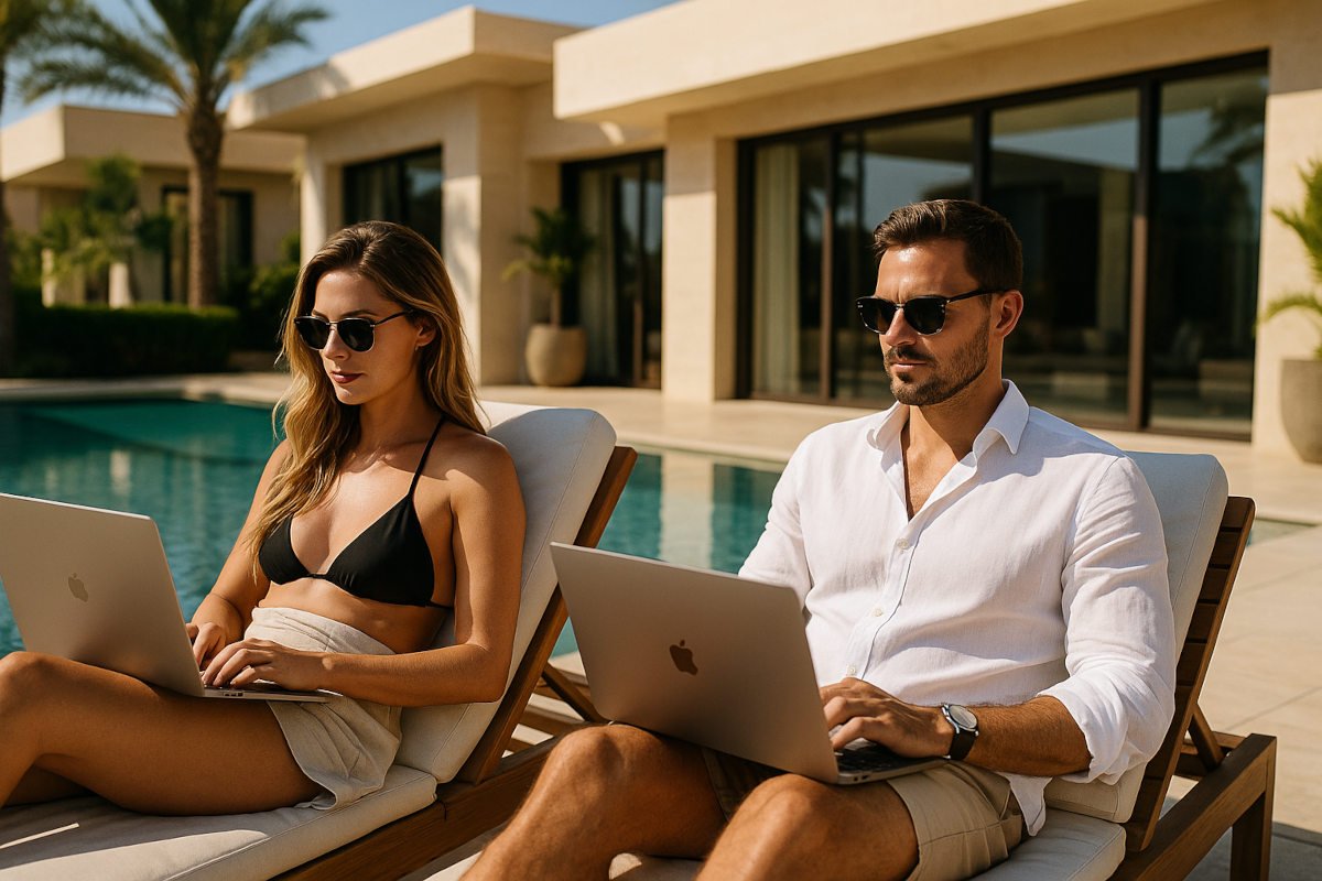 Wealthy digital nomad couple working on laptops by the pool of a luxury villa, combining remote work with an upscale lifestyle