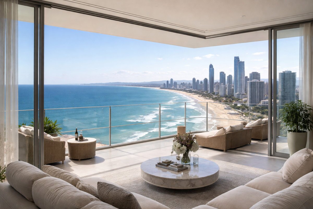 Highrise luxury condo view overlooking Australia’s Gold Coast, with sweeping ocean and beachfront skyline visible through floor-to-ceiling windows in a modern, minimalist interior.