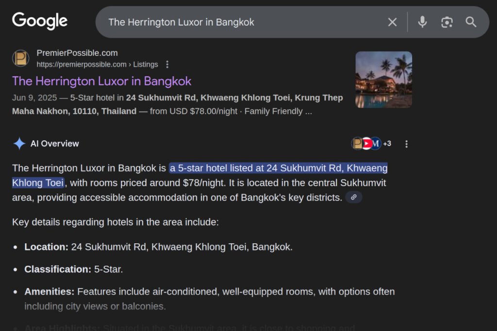 Premier Possible Google search result screenshot showing rich metadata enhancements, structured data signals, and AI-powered result summary for a hotel listings.
