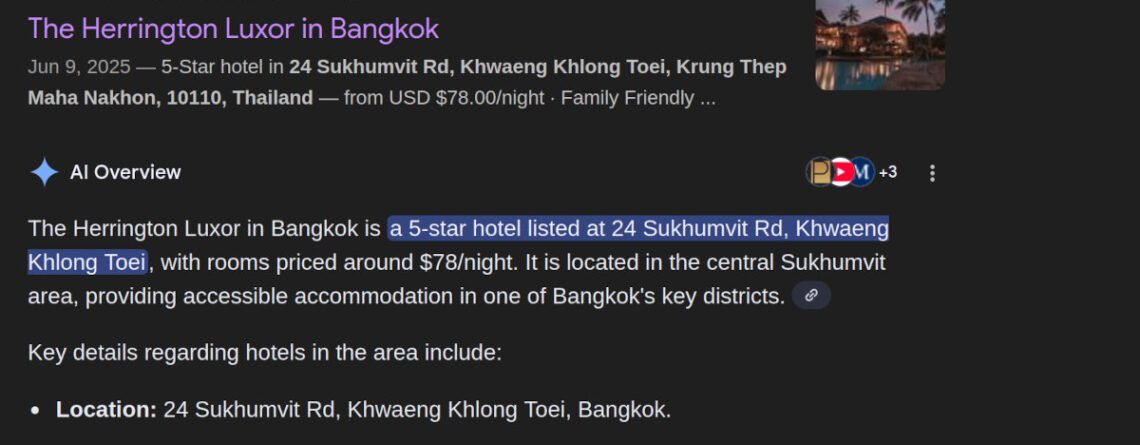 Premier Possible Google search result screenshot showing rich metadata enhancements, structured data signals, and AI-powered result summary for a hotel listings.