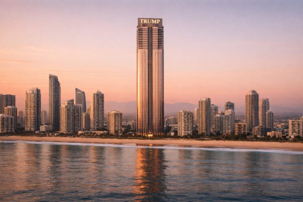 Sunset view of Surfers Paradise on Australia’s Gold Coast from offshore, with calm ocean in the foreground and a central proposed Trump Tower rising above the beachfront skyline under a peach-pink sky.