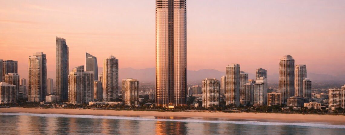 Sunset view of Surfers Paradise on Australia’s Gold Coast from offshore, with calm ocean in the foreground and a central proposed Trump Tower rising above the beachfront skyline under a peach-pink sky.