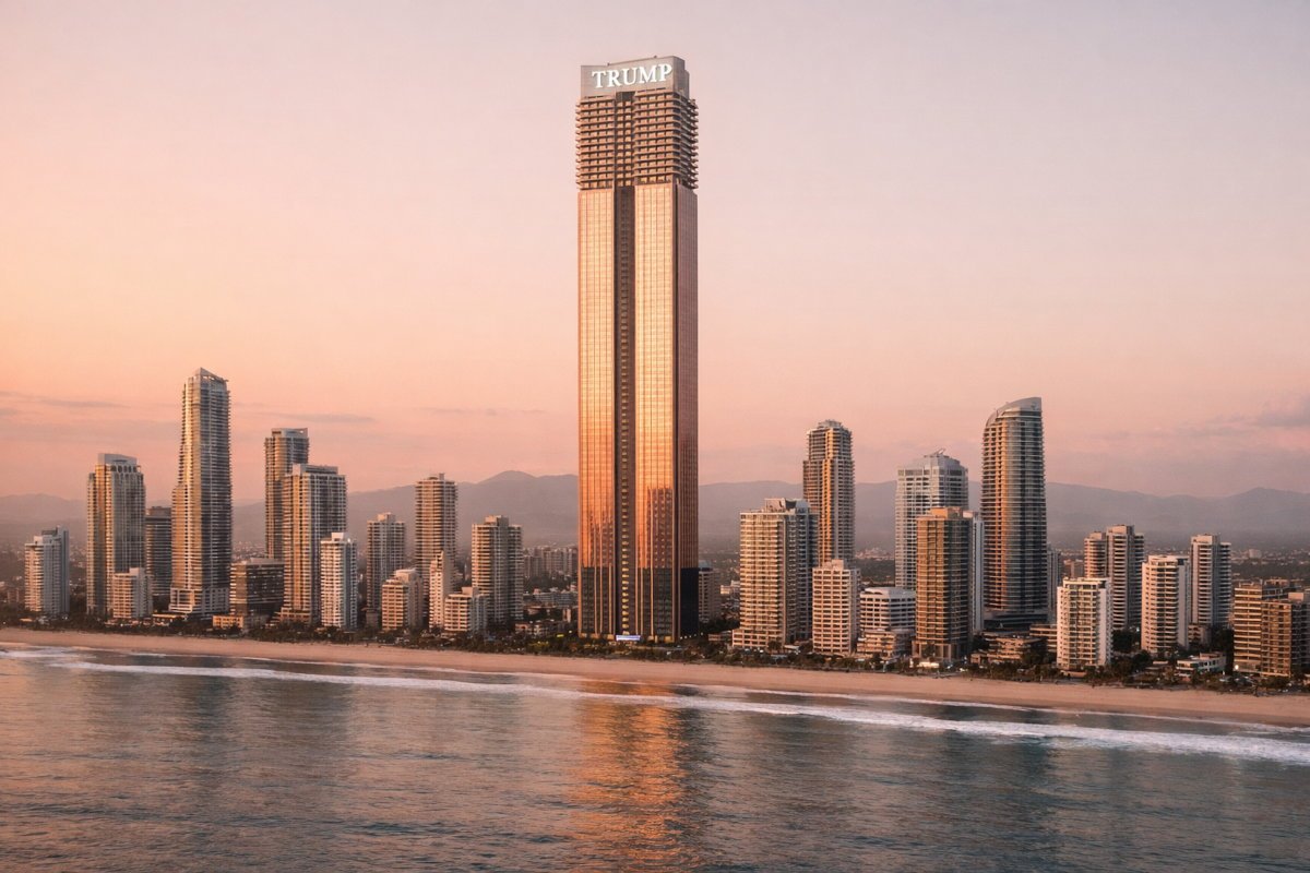 Cinematic offshore drone view of Surfers Paradise at sunset, with calm ocean and a peach-pink sky framing a central rose-gold supertall Trump Tower concept rising above the Gold Coast skyline.