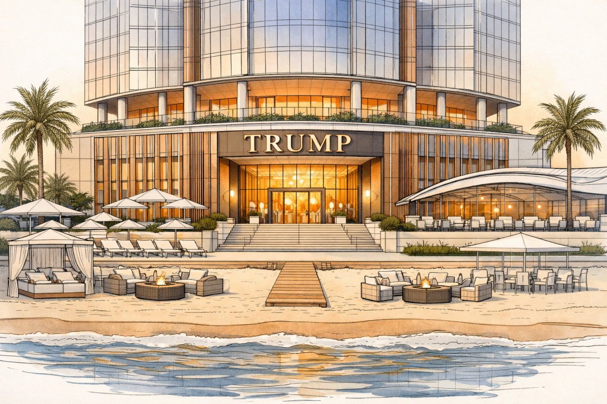 Architectural ink-and-watercolor style rendering of a luxury beachfront tower entrance on Australia’s Gold Coast, with a glass-and-bronze façade, grand steps, beach club lounges, and a “TRUMP” sign above the main entry.