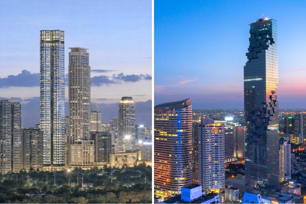 Split skyline image showing high-rise condo towers in Makati, Metro Manila (left) and Bangkok (right), including a distinctive pixelated skyscraper at dusk.