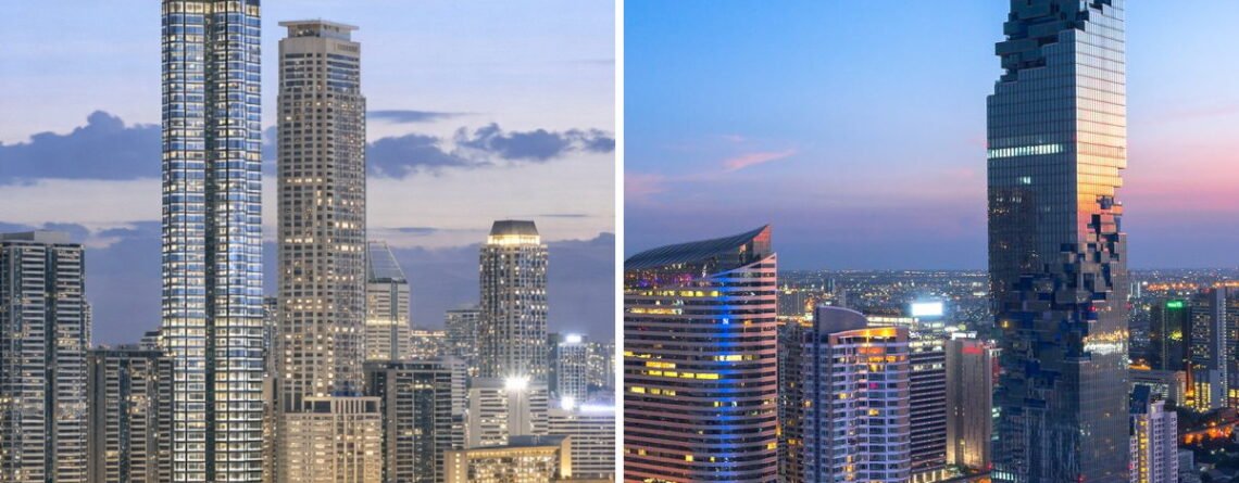 Split skyline image showing high-rise condo towers in Makati, Metro Manila (left) and Bangkok (right), including a distinctive pixelated skyscraper at dusk.