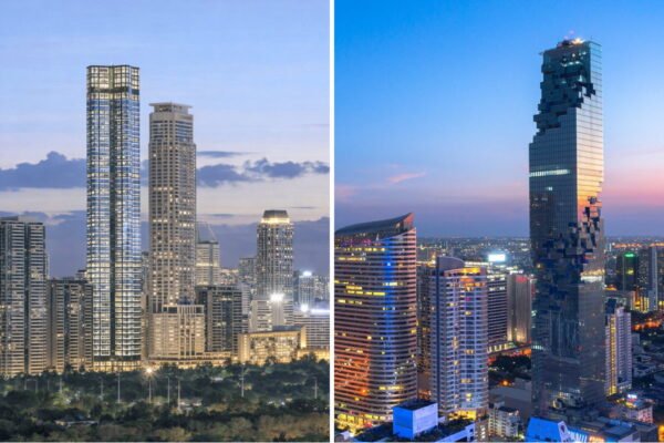 Split skyline image showing high-rise condo towers in Makati, Metro Manila (left) and Bangkok (right), including a distinctive pixelated skyscraper at dusk.
