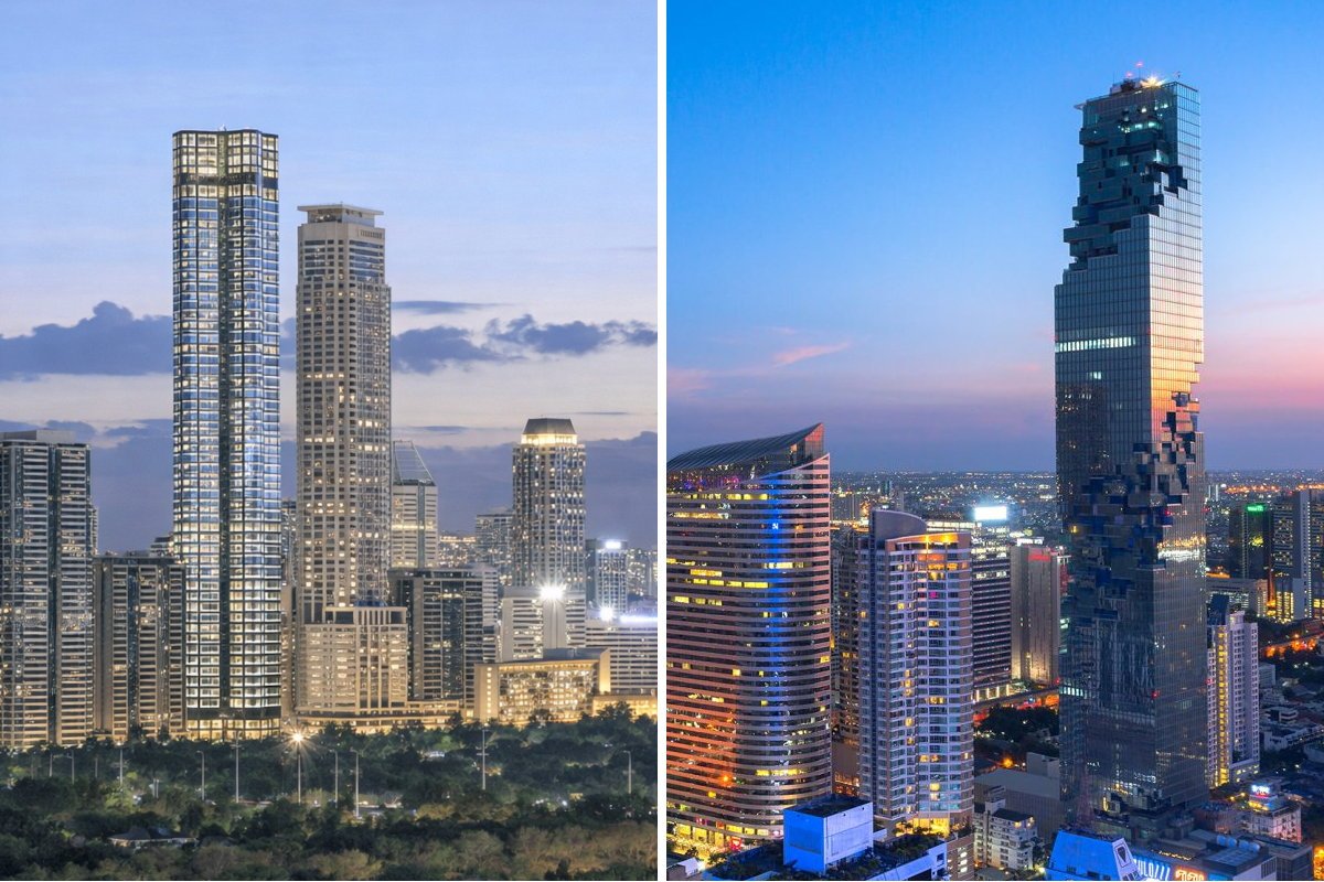 Split skyline image showing high-rise condo towers in Makati, Metro Manila (left) and Bangkok (right), including a distinctive pixelated skyscraper at dusk.