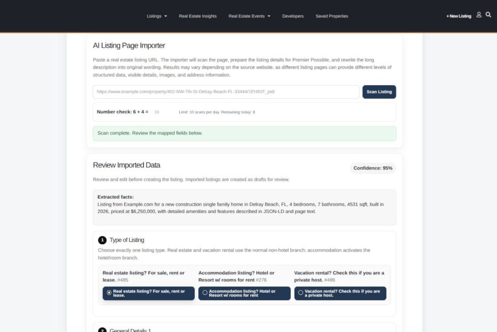 Screenshot of the Premier Possible AI Listing Page Importer, showing a real estate listing URL scanner with AI-assisted field mapping, image import, map location selection, and editable listing details before creating a draft property listing.