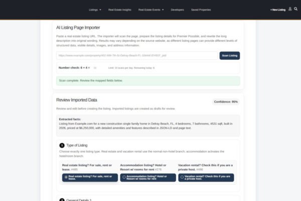 Screenshot of the Premier Possible AI Listing Page Importer, showing a real estate listing URL scanner with AI-assisted field mapping, image import, map location selection, and editable listing details before creating a draft property listing.
