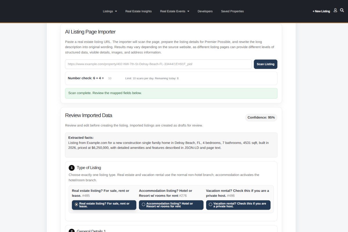 Screenshot of the Premier Possible AI Listing Page Importer, showing a real estate listing URL scanner with AI-assisted field mapping, image import, map location selection, and editable listing details before creating a draft property listing.