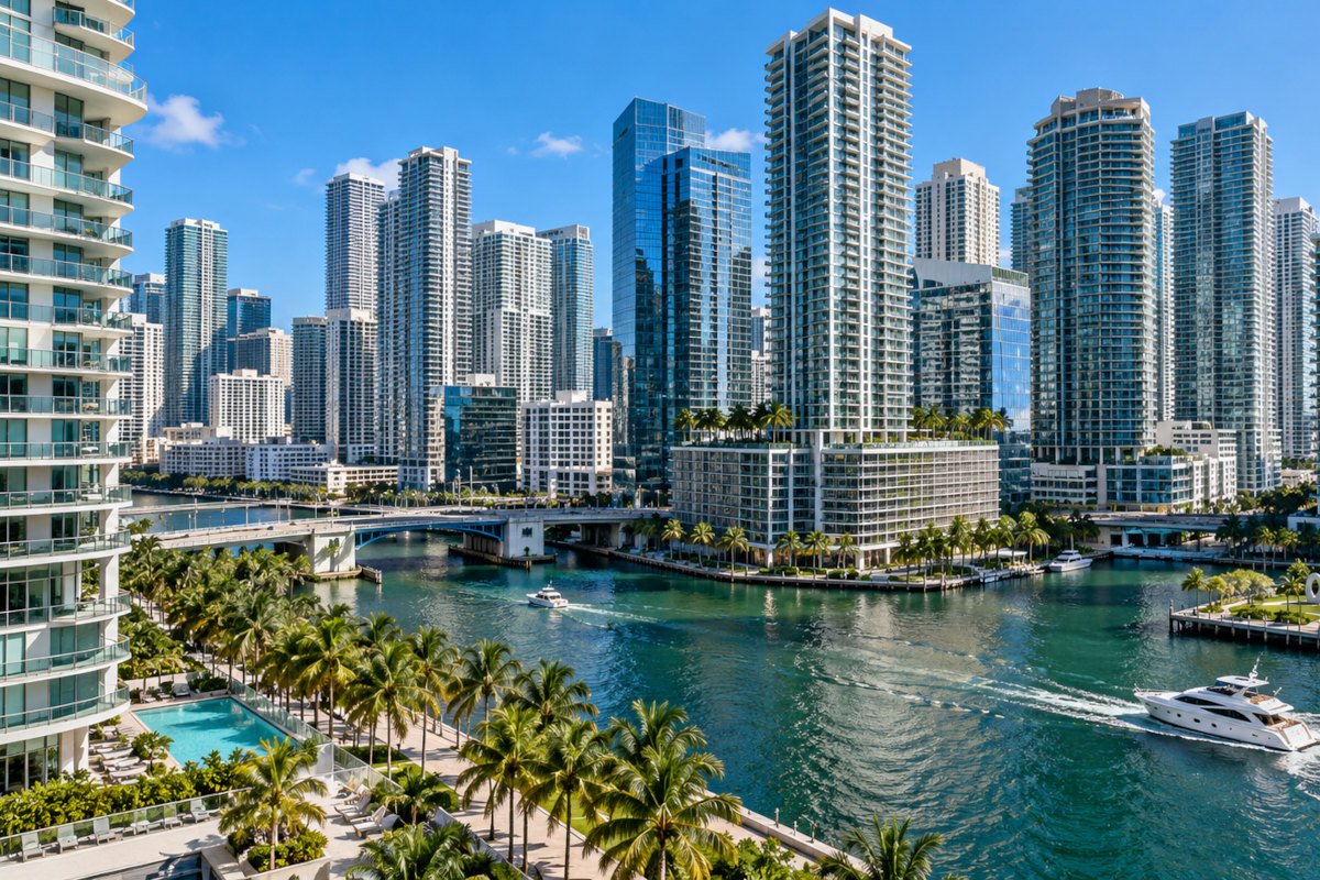 Brickell skyline in Miami viewed across the waterfront with high-rise towers along Biscayne Bay.