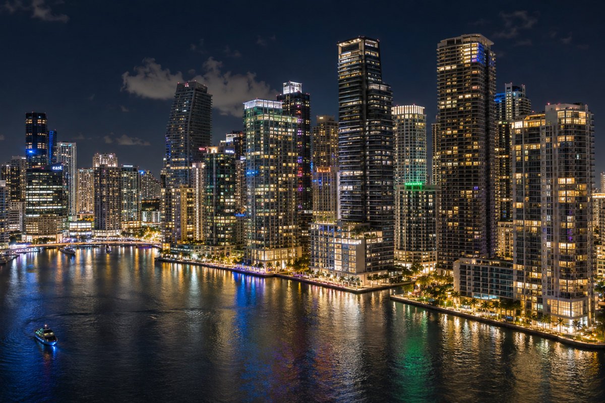Miami River and Brickell skyline at dusk with illuminated high-rise buildings and waterfront reflections.