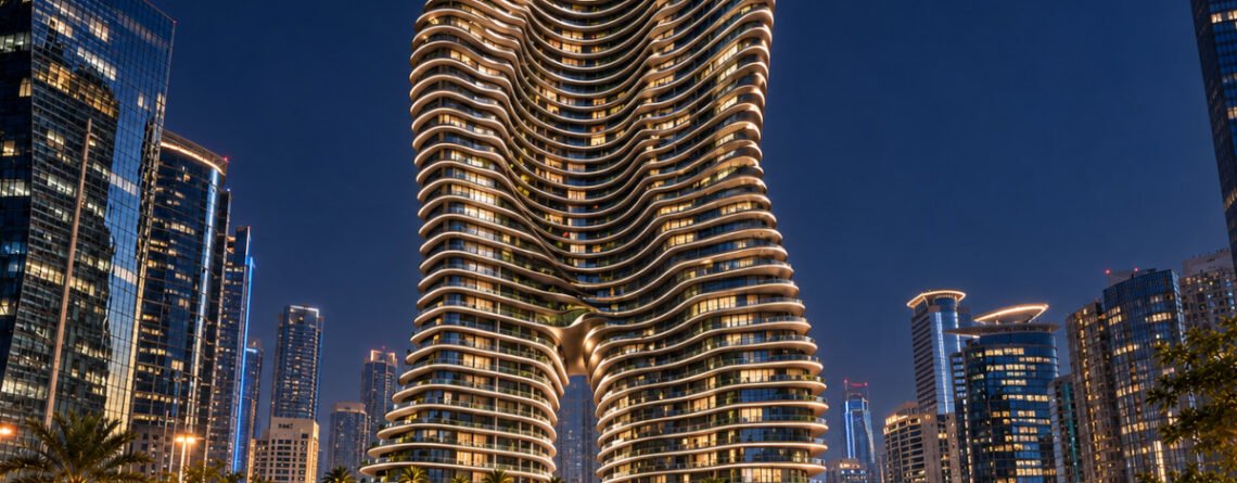 Bugatti Residences by Binghatti in Dubai at night, with illuminated flowing balconies above a palm-lined street and surrounding city towers.