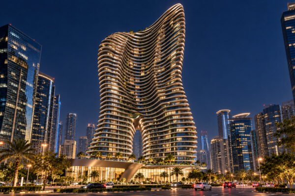 Bugatti Residences by Binghatti in Dubai at night, with illuminated flowing balconies above a palm-lined street and surrounding city towers.