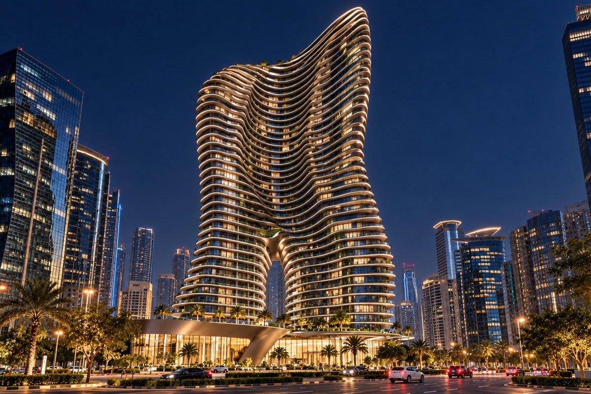 Bugatti Residences by Binghatti in Dubai at night, with illuminated flowing balconies above a palm-lined street and surrounding city towers.