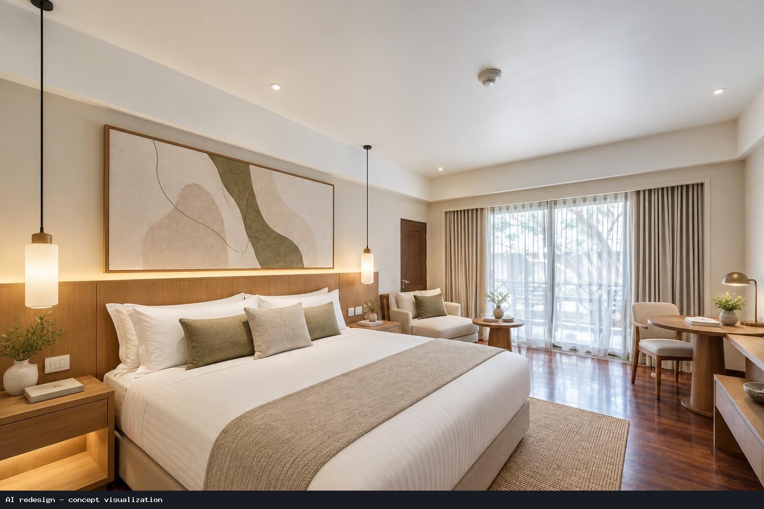 AI-generated bedroom concept with light wood furniture and warm neutral finishes